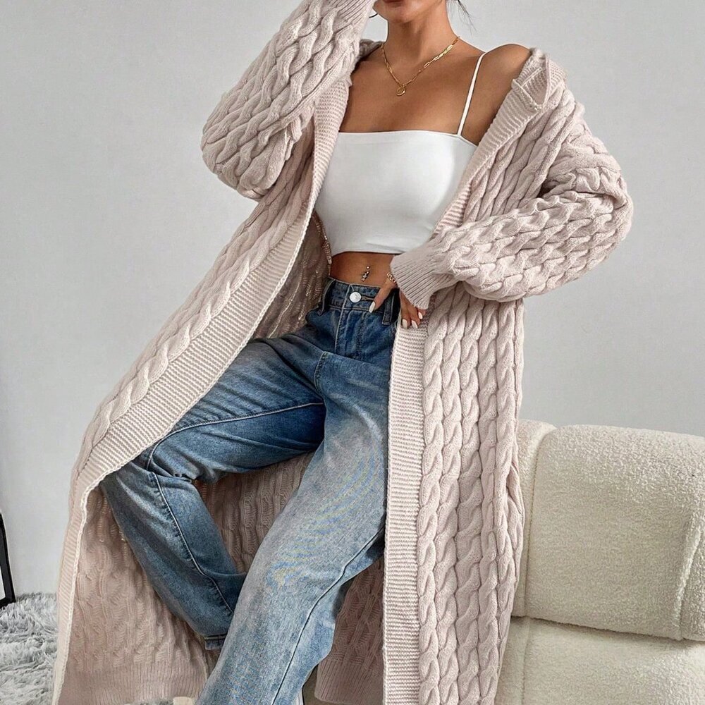 Apricot Casual Women's Drop Shoulder Open Front Hooded Longline Cardigan
